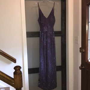 Scala Sequin/bead Purple Spaghetti Strap Gown